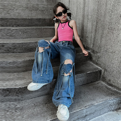 Νέο μοντέρνο παιδικό τζιν Hollow Heart Summer Girls` Jeans Youngsters Φαρδύ παντελόνι 8015
