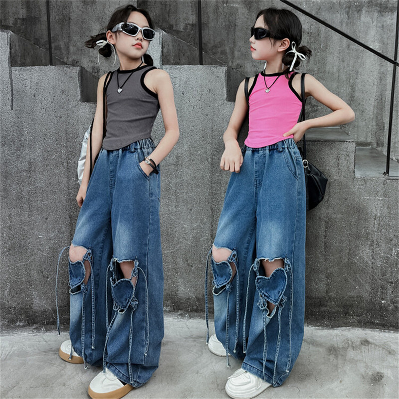 Нови модни детски дънки с кухи сърца, летни дънки за момичета, младежки широки панталони 8015