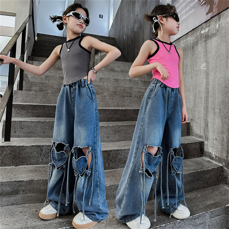 Нови модни детски дънки с кухи сърца, летни дънки за момичета, младежки широки панталони 8015