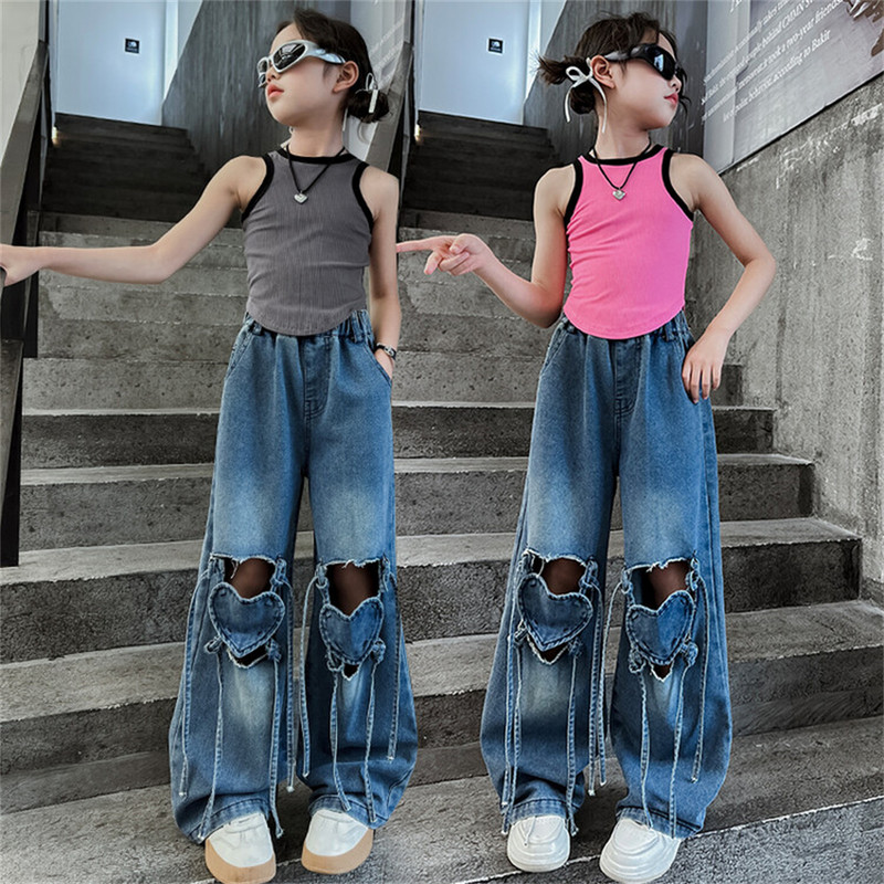 Нови модни детски дънки с кухи сърца, летни дънки за момичета, младежки широки панталони 8015