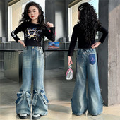 Youngsters Bow Jeans Κοριτσίστικα Φαρδιά Παντελόνια Μόδα Κοριτσίστικα Τζιν Παιδικά Τζιν Παιδικά Παιδικά Παντελόνια Casual 24A26