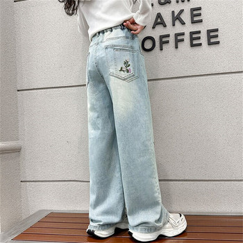 2414 Ανοιξιάτικο παιδικό κεντημένο φλοράλ παντελόνι με φαρδύ πόδι Fashion Girls\' Jeans Τζιν παντελόνι με φαρδύ πόδι