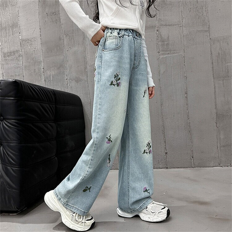 2414 Пролетни детски широки панталони с бродирани цветя Модни дънки за момичета Деним широки панталони