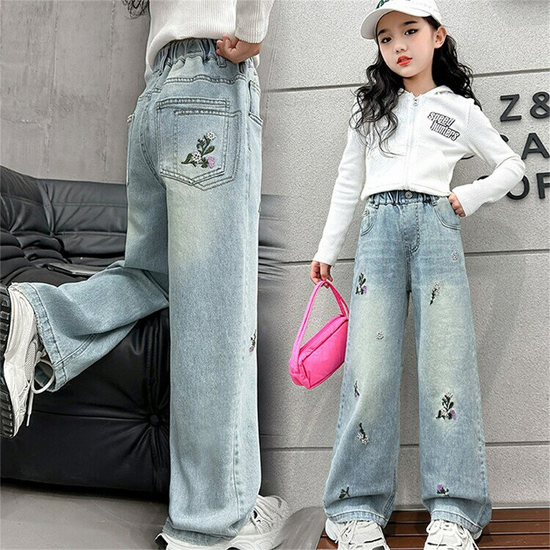 2414 Пролетни детски широки панталони с бродирани цветя Модни дънки за момичета Деним широки панталони