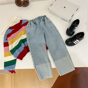 2024 Пролетни бебешки панталони Детски контрастен цвят пачуърк прави дънки Еластични дънкови панталони за момичета