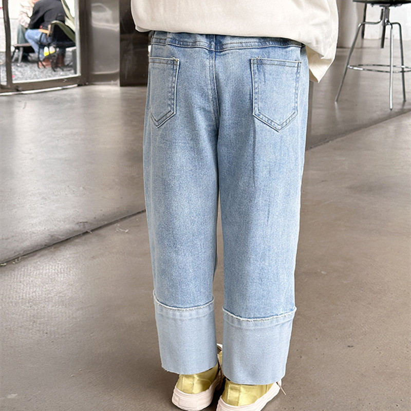 2024 Пролетни бебешки панталони Детски контрастен цвят пачуърк прави дънки Еластични дънкови панталони за момичета