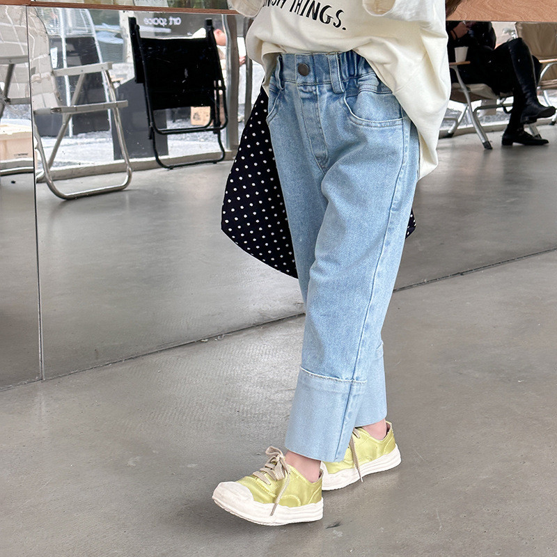 2024 Пролетни бебешки панталони Детски контрастен цвят пачуърк прави дънки Еластични дънкови панталони за момичета