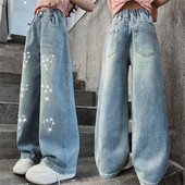 Kevadised laste teksapüksid Moodsad tüdrukute teksad Tikitud Kid Denim Love Bright Diamond laia säärega püksid