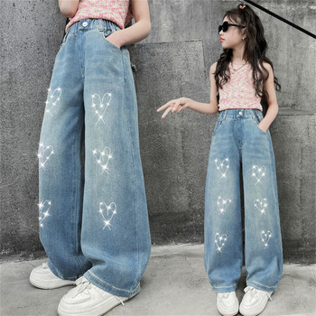 Пролетни детски дънкови панталони Модни дънки за момичета Бродирани детски дънкови панталони Love Bright Diamond Широки панталони