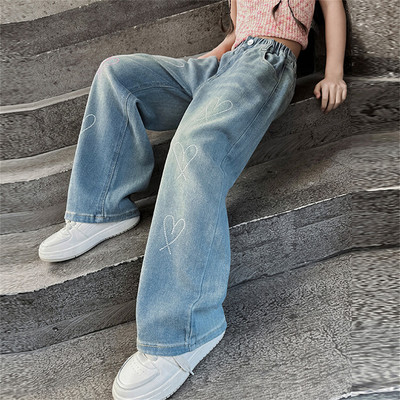 Kevadised laste teksapüksid Moodsad tüdrukute teksad Tikitud Kid Denim Love Bright Diamond laia säärega püksid
