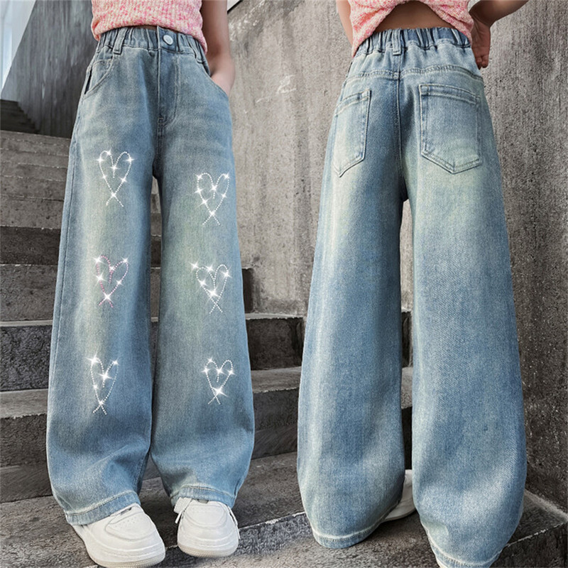 Пролетни детски дънкови панталони Модни дънки за момичета Бродирани детски дънкови панталони Love Bright Diamond Широки панталони
