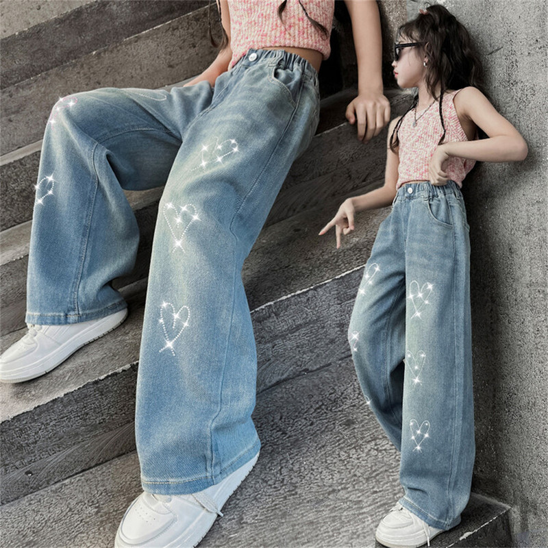 Пролетни детски дънкови панталони Модни дънки за момичета Бродирани детски дънкови панталони Love Bright Diamond Широки панталони