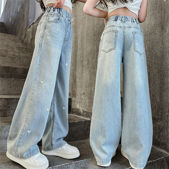 Бродирани дънки за момичета Детски дънки Мода за младежи Summer Love Sky Копринени дишащи широки панталони