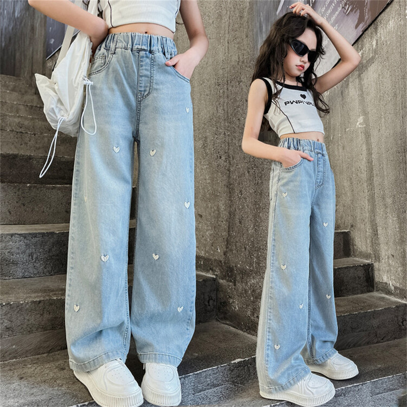 Бродирани дънки за момичета Детски дънки Мода за младежи Summer Love Sky Копринени дишащи широки панталони