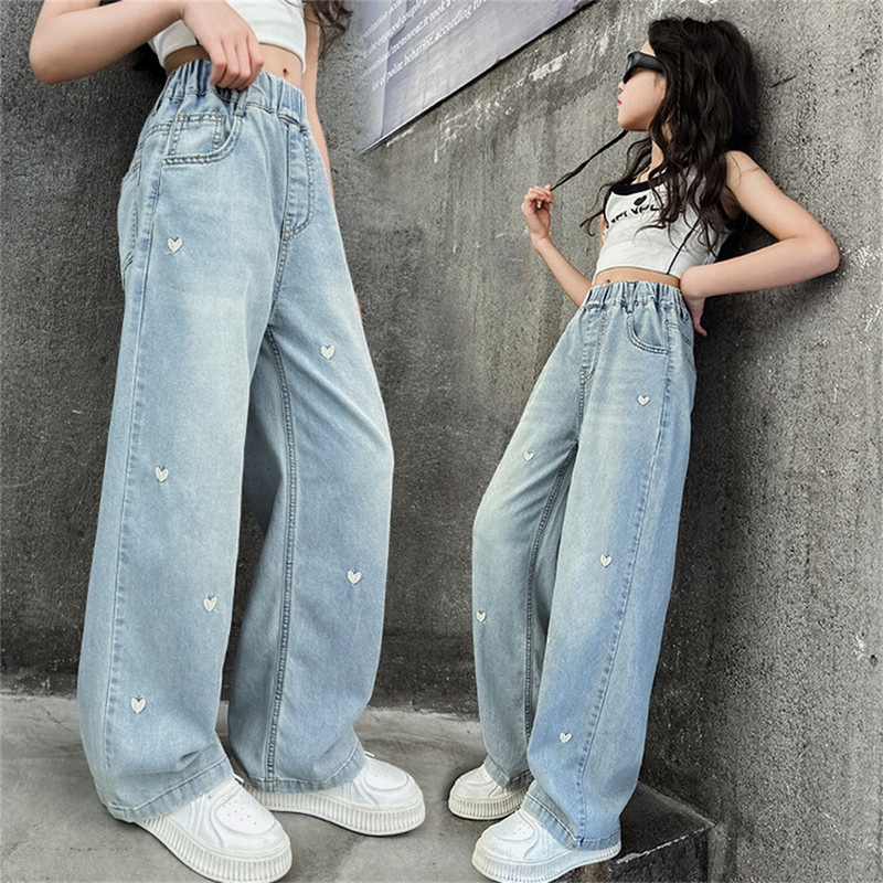 Бродирани дънки за момичета Детски дънки Мода за младежи Summer Love Sky Копринени дишащи широки панталони