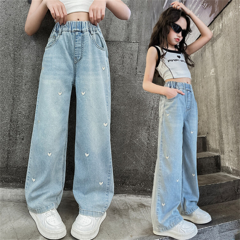 Бродирани дънки за момичета Детски дънки Мода за младежи Summer Love Sky Копринени дишащи широки панталони
