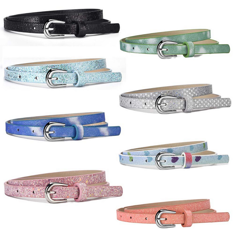 Детски колан с пайети, момчета, момичета, цветна декоративна лента от изкуствена кожа за деца, блестящ колан с метална катарама