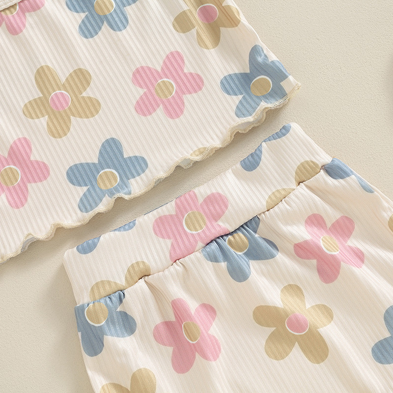 Lioraitiin Летни дрехи за бебешки момичета Флорални вафлени плетени ками без ръкави Тениска Потници Къси панталони Шипове Комплект дрехи с лента за глава