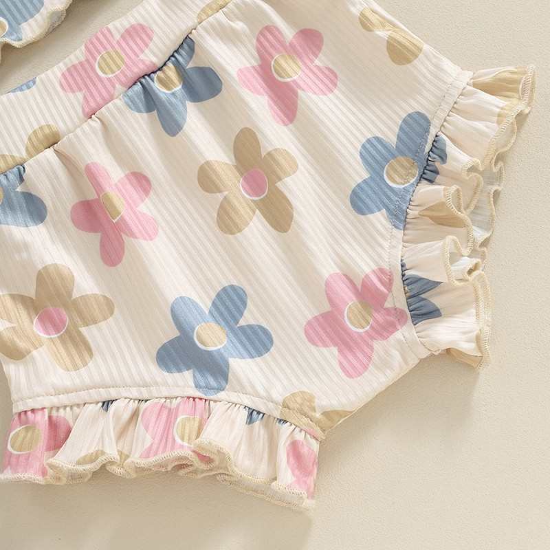 Lioraitiin Летни дрехи за бебешки момичета Флорални вафлени плетени ками без ръкави Тениска Потници Къси панталони Шипове Комплект дрехи с лента за глава