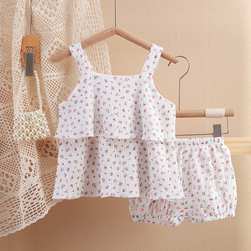 Флорални летни детски костюми за момичета Комплект от 2 бр. Слинг горнища Къси панталони Муселин Бебешки дрехи Костюм Детски салони Детско домашно облекло