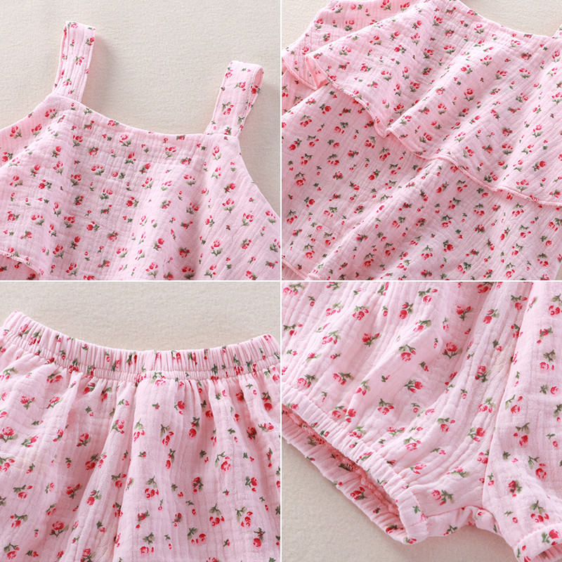 Флорални летни детски костюми за момичета Комплект от 2 бр. Слинг горнища Къси панталони Муселин Бебешки дрехи Костюм Детски салони Детско домашно облекло