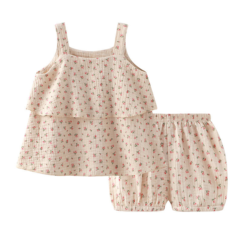 Флорални летни детски костюми за момичета Комплект от 2 бр. Слинг горнища Къси панталони Муселин Бебешки дрехи Костюм Детски салони Детско домашно облекло