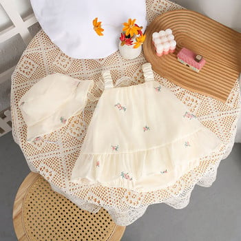 Ново лятно облекло за бебета и момичета Сладко боди с прашка на цветя с шапка за новородено 100 дни Тънка рокля от една част