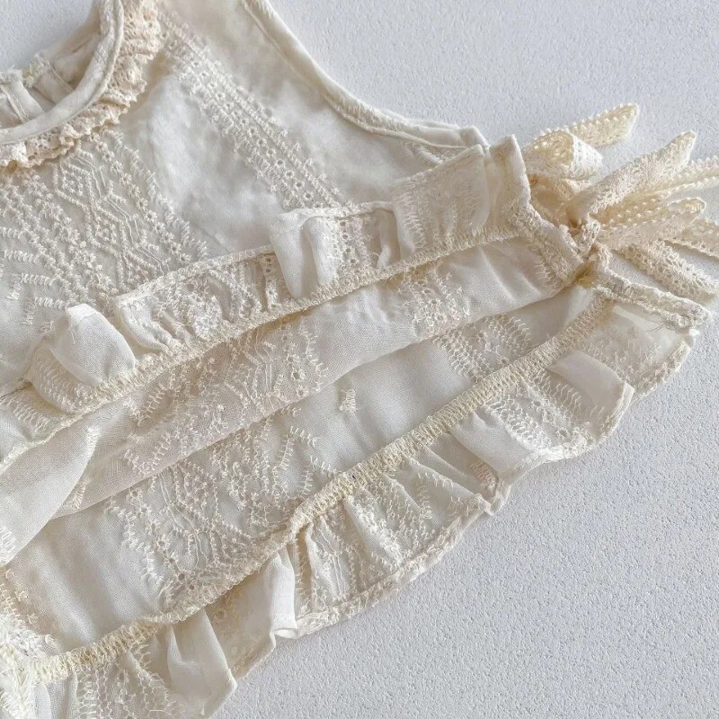 Комплекти летни дрехи за момичета 2024 Комплект принцеса с дантелена бродерия Детски костюми с дантелен лък за момичета Детски костюм от 2 бр. Детски модни дрехи