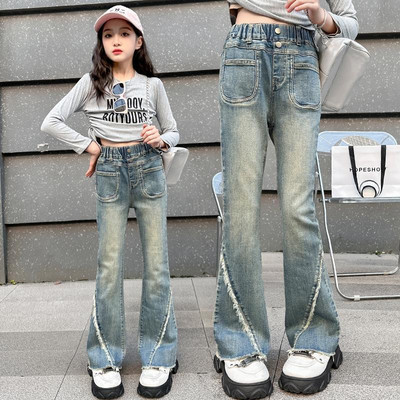 IENENS Fashion Põlevad teksad Tüdrukutele Kevad sügis Kõrge vöökohaga kitsad püksid Retro Y2K Street Kids Denimpüksid 6-13 aastaks