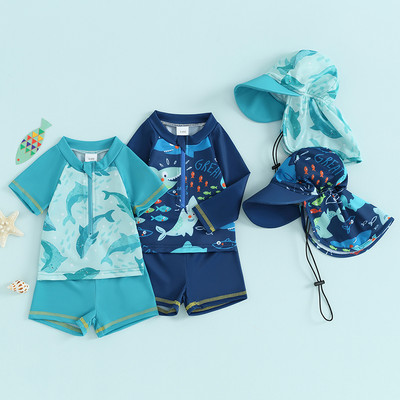 Baby Kids Boys Rash Guard komplekts ar īsām piedurknēm Shark Dolphin Print Top ar šortiem Cepure Peldkostīms Vasaras peldkostīmi