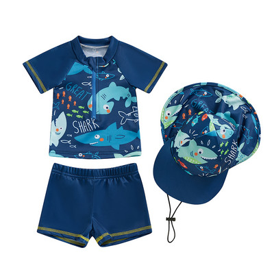 Baby Kids Boys Rash Guard komplekt lühikeste varrukatega Shark Dolphin Print Top lühikeste pükstega, mütsiga ujumistrikoo, suvine ujumisriided