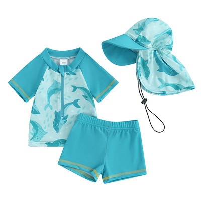 Baby Kids Boys Rash Guard komplekt lühikeste varrukatega Shark Dolphin Print Top lühikeste pükstega, mütsiga ujumistrikoo, suvine ujumisriided