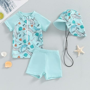 Бебешки комплект бански костюми за момченца Летен принт на акула, цип, предпазител за обрив с къс ръкав и бански гащета и шапка, бански плажно облекло