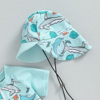 Βρεφικά αγόρια σετ μαγιό Summer Shark Print Zipper Κοντό μανίκι Rash Guard και μαγιό και καπέλο μαγιό Ρούχα παραλίας