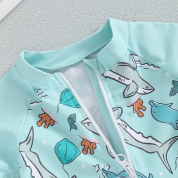 Бебешки комплект бански костюми за момченца Летен принт на акула, цип, предпазител за обрив с къс ръкав и бански гащета и шапка, бански плажно облекло