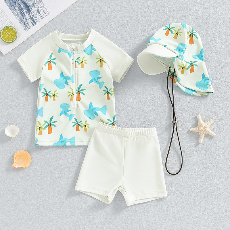 Komplet kupaćih kostima za dječake, Ljeto, Zatvarač s printom morskog psa, Kratki rukavi Štitnik za osip i kupaće gaće i šešir, Kupaći kostimi Odjeća za plažu