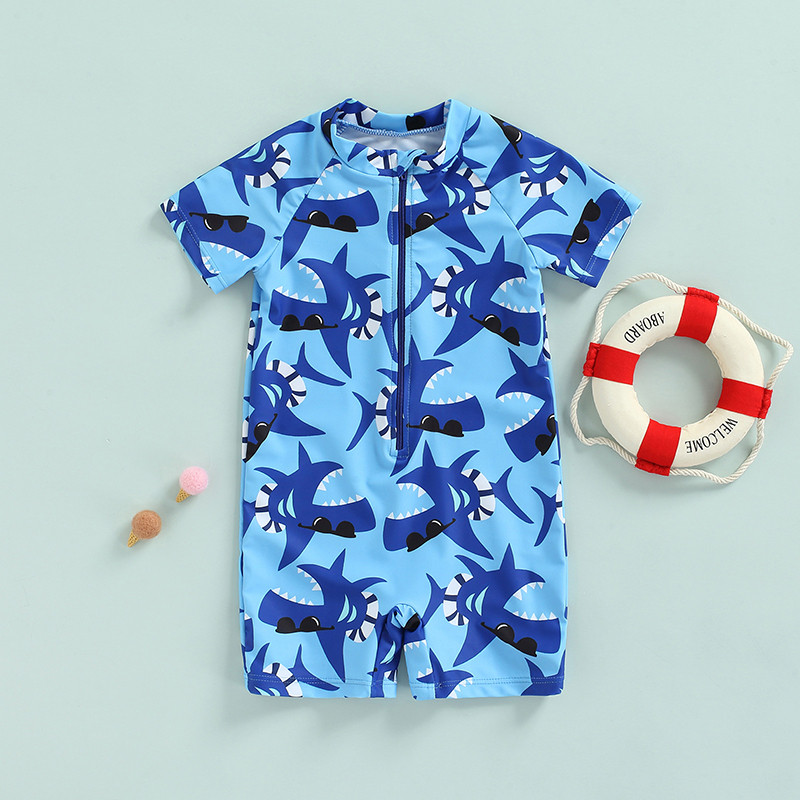 Kupaći kostim za bebe, kupaći kostim za dječake, kupaći kostim za novorođenče, kupaći kostim s printom morskog psa, jednodijelni kupaći kostimi za plažu s patentnim zatvaračem i kratkim rukavima.