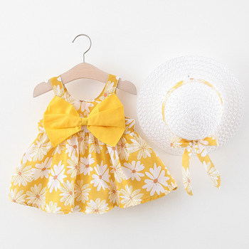 Лятно облекло за малко момиченце Нова рокля с жилетка за момиченце Плажна рокля на принцеса Рокли с цветя с голям лък + шапка Комплект дрехи за новородено