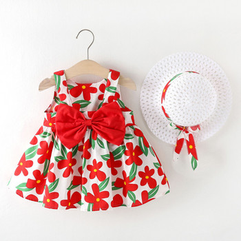 Лятно облекло за малко момиченце Нова рокля с жилетка за момиченце Плажна рокля на принцеса Рокли с цветя с голям лък + шапка Комплект дрехи за новородено