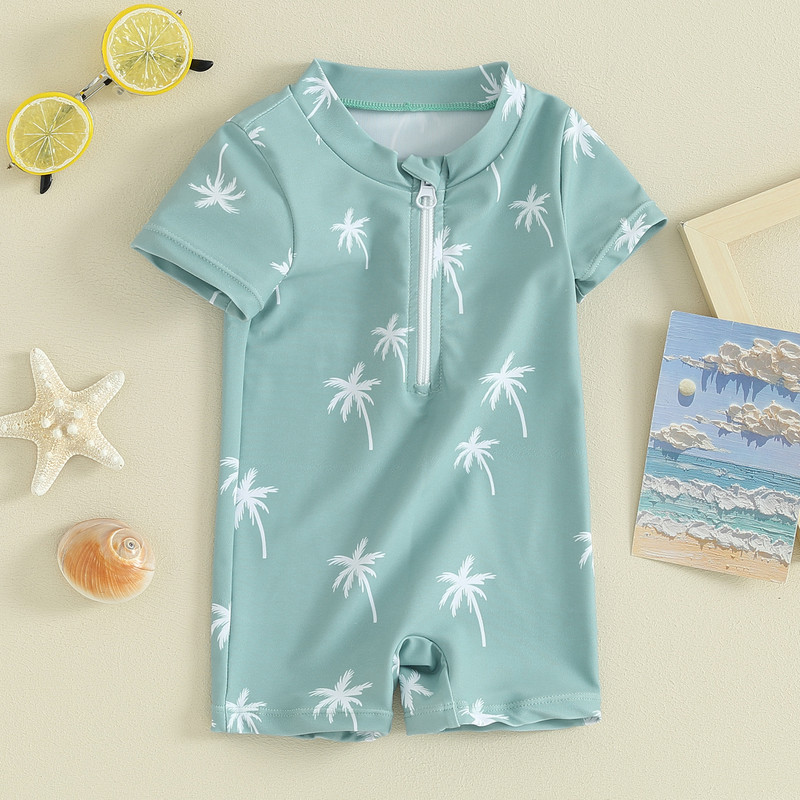 FOCUSNORM 0-3Y Ljetni kupaći kostimi za dječake u 2 boje, kombinezon s patentnim zatvaračem i printom stabla/dinosaura, kupaći kostim za plažu