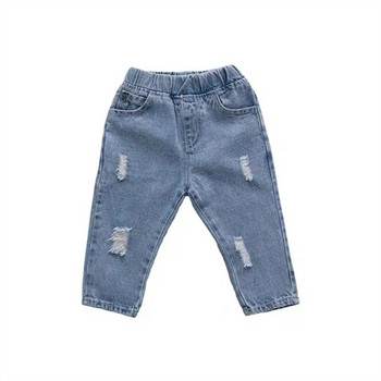 Модни широки тънки дънки за момчета Детски пролетни и есенни скъсани дънки Бебешко момче Удобни дънкови панталони с висока талия