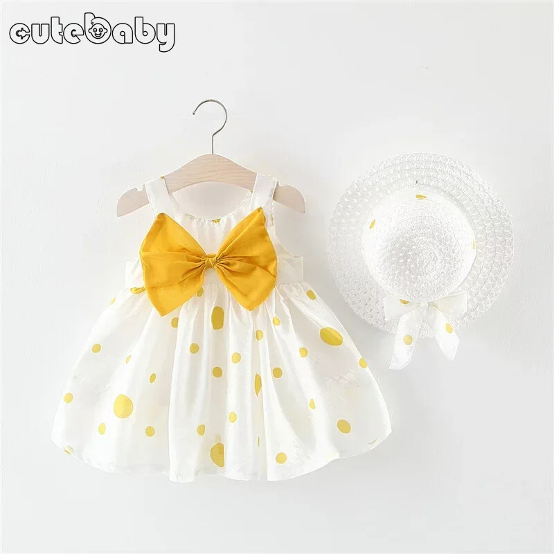 Бебешка рокля с голям лък Прекрасни летни дрехи за бебета и момичета Сладки памучни рокли на точки без ръкави за малки деца+шапка за слънце Комплект дрехи за новородени