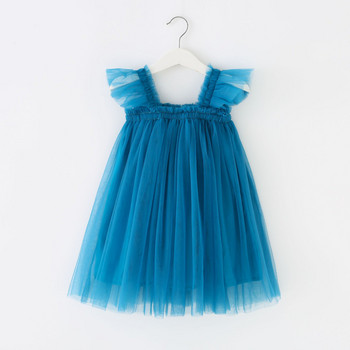 Нови летни дрехи за момиченца Едноцветни Висококачествени летящи ръкави Мрежести прашки Бебешки рокли Сладка бална рокля на принцеса Пола