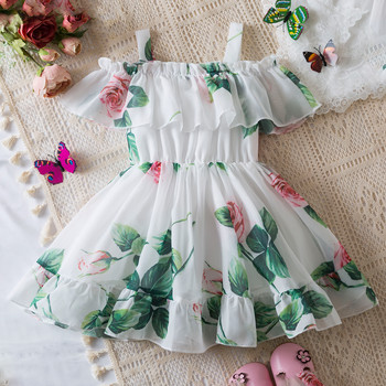 Нова лятна рокля без ръкави за момичета Бебешка рокля с цветя с принт Елегантни детски празнични ежедневни дрехи за момичета Детски парти рокли за малки деца