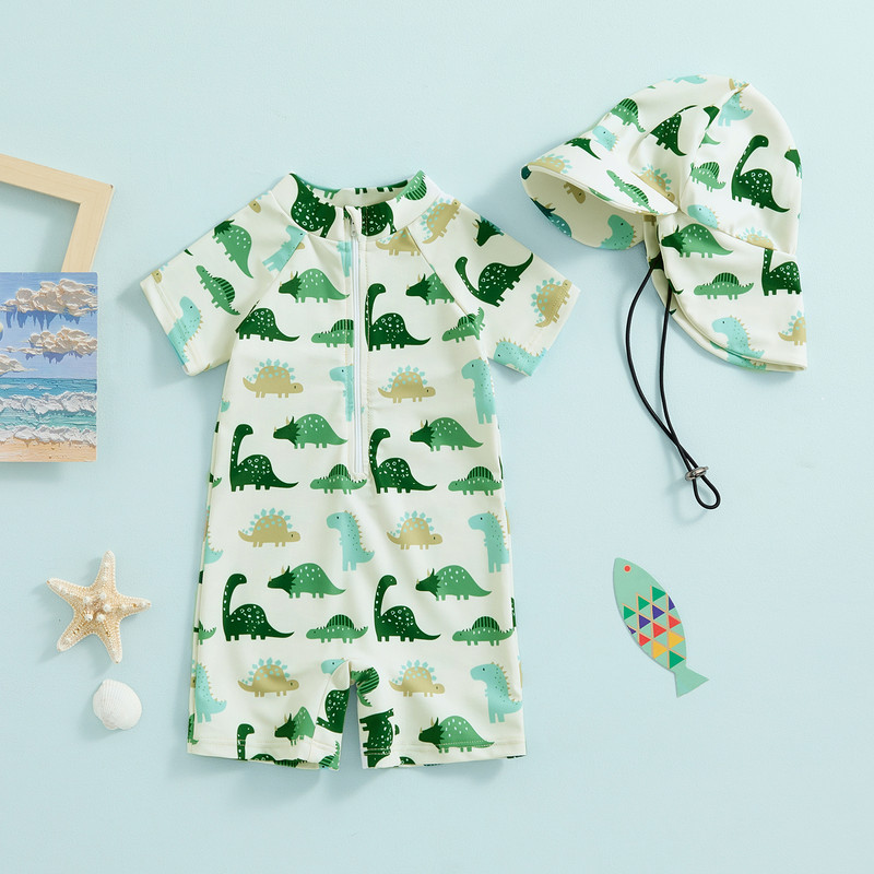 0-3Y totyogó baba fiú lány fürdőruha fényvédő aranyos állatmintás rövid ujjú cipzáras fürdőruha napkalapos fürdőruhával