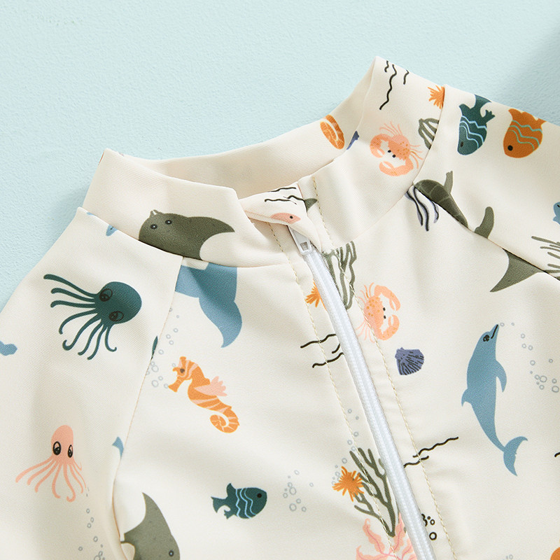 0-3Y totyogó baba fiú lány fürdőruha fényvédő aranyos állatmintás rövid ujjú cipzáras fürdőruha napkalapos fürdőruhával