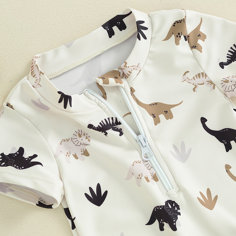 Gyerek fiúk nyári fürdőruha alkalmi fa/dinoszaurusz mintás cipzár rövid ujjú jumpsuit fürdőruha Strandruha kisgyermek fürdőruha