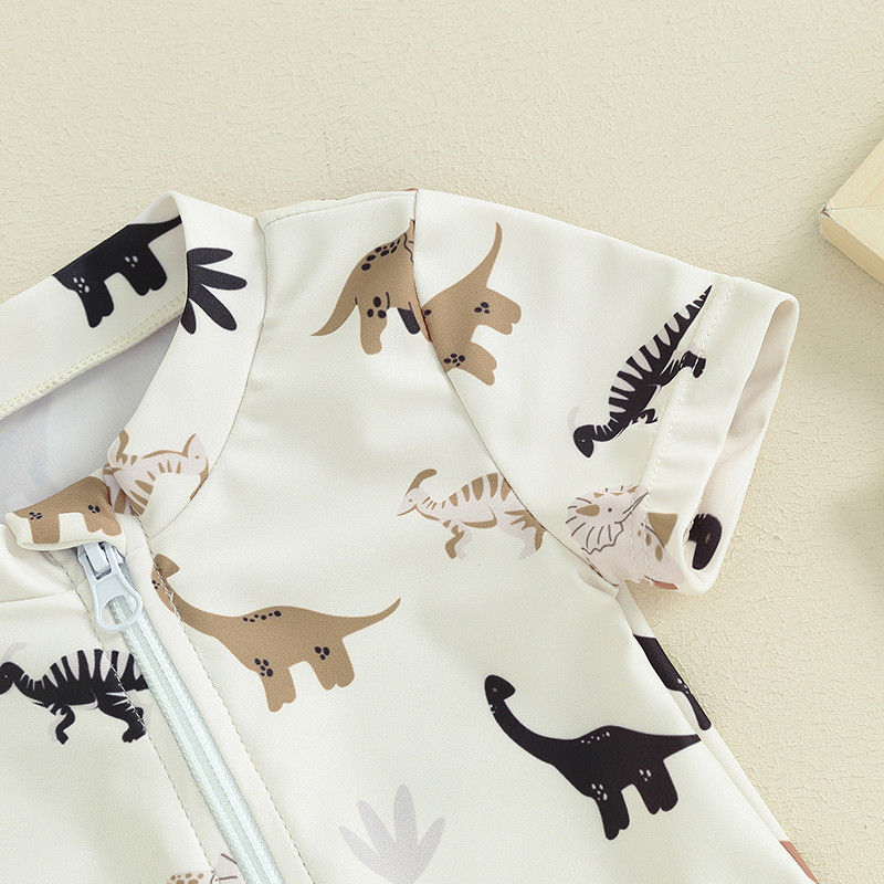 Gyerek fiúk nyári fürdőruha alkalmi fa/dinoszaurusz mintás cipzár rövid ujjú jumpsuit fürdőruha Strandruha kisgyermek fürdőruha