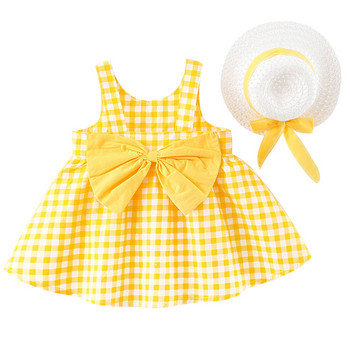 2 бр. Летни рокли за момичета за малки деца Корейски сладки карирани памучни жълти рокли без ръкави с голям лък + шапка за слънце Дрехи за новородени BC003