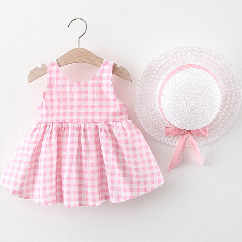 2 részes nyári kisgyermek lány ruhák Koreai aranyos kockás ujjatlan pamut nagy masni sárga ruha+napkalap újszülött baba ruhák BC003